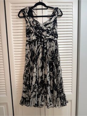 Tadashi Collection Black & White Floral Silk Dress with Draped Bodice
